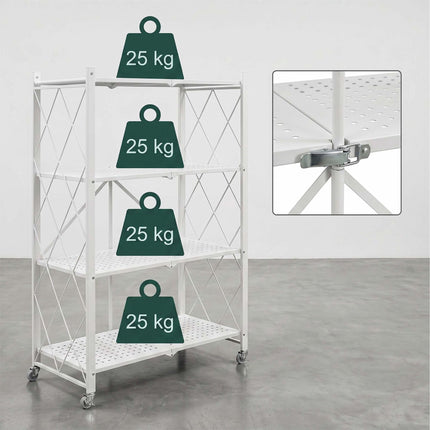 3-Tier Folding Steel Shelving Unit with Castors and Brakes, White, 91 cm