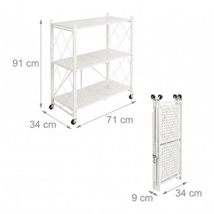 3-Tier Folding Steel Shelving Unit with Castors and Brakes, White, 91 cm