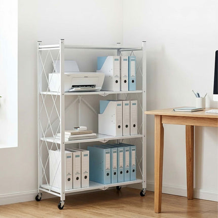 3-Tier Folding Steel Shelving Unit with Castors and Brakes, White, 91 cm