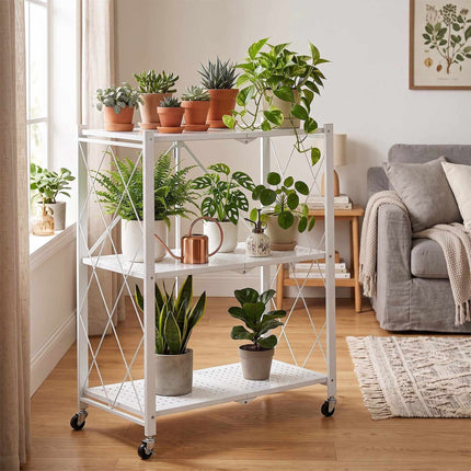 3-Tier Folding Steel Shelving Unit with Castors and Brakes, White, 91 cm
