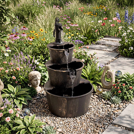 3-Tier Garden Fountain, Wood Barrel Design, Adjustable Pump