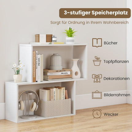 Geometrisches 3-stöckiges Bücherregal, weißes Holz, 2 Würfelregale