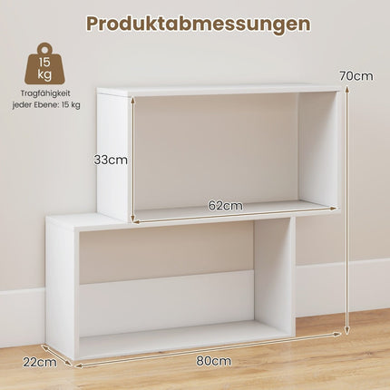 Geometrisches 3-stöckiges Bücherregal, weißes Holz, 2 Würfelregale