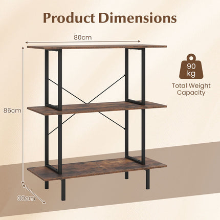 3-Tier Industrial Bookshelf, Metal Frame, Rustic Brown