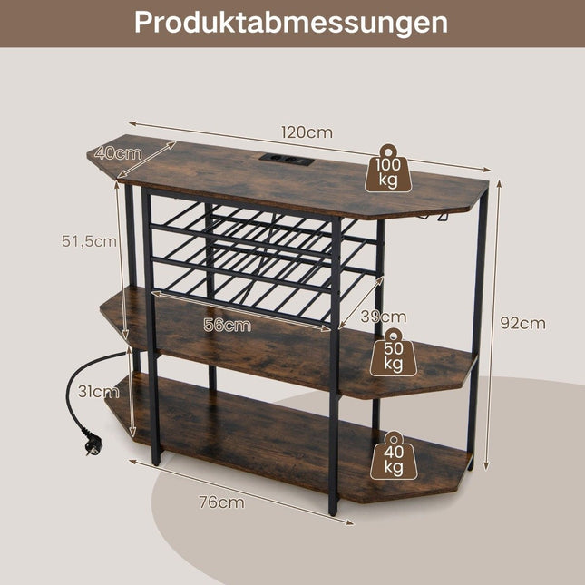 Weinregal im Industriestil, 3 Ebenen, mit Steckdosen, Flaschenregal und Glashaltern, Weinbarschrank, Braun