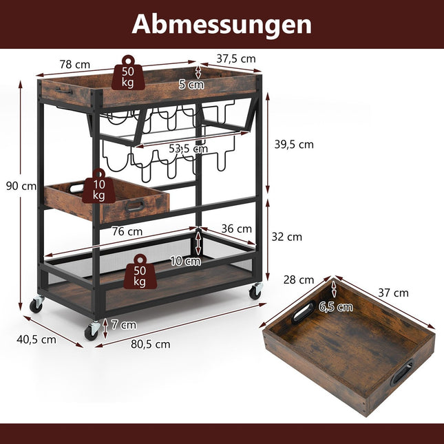 Keukenwagen met 3 niveaus, dienblad, glazenhouder en wijnrek