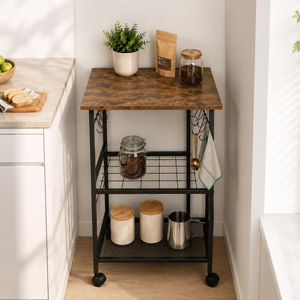 3-Tier Kitchen Trolley, Brown – Metal & MDF, Lockable Wheels