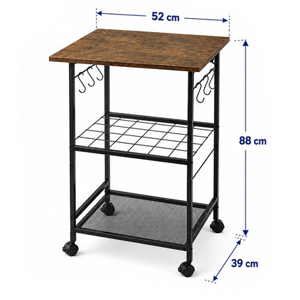 3-Tier Kitchen Trolley, Brown – Metal & MDF, Lockable Wheels