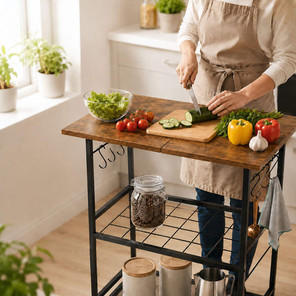 3-Tier Kitchen Trolley, Brown – Metal & MDF, Lockable Wheels