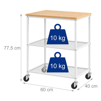 3-Tier Kitchen Trolley with Castors and Wood-Effect Top, White, 10 kg per Tier
