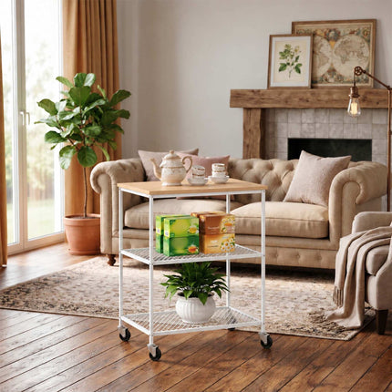 3-Tier Kitchen Trolley with Castors and Wood-Effect Top, White, 10 kg per Tier