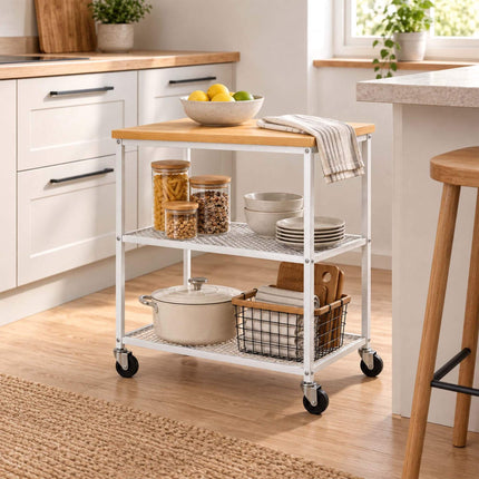 3-Tier Kitchen Trolley with Castors and Wood-Effect Top, White, 10 kg per Tier