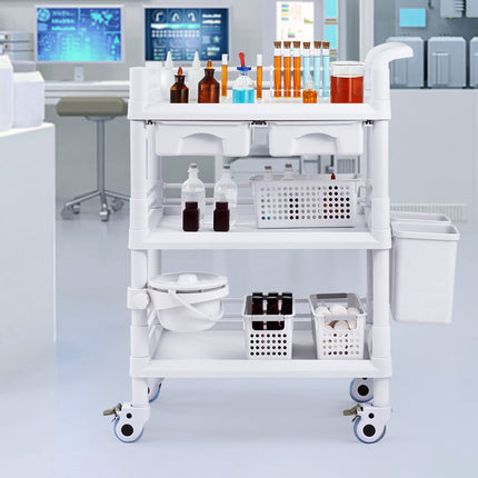 3-Tier Lab Cart, 3 Trays, 3 Trash Cans, Locking Wheels