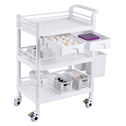 3-Tier Lab Cart, 3 Trays, 3 Trash Cans, Locking Wheels