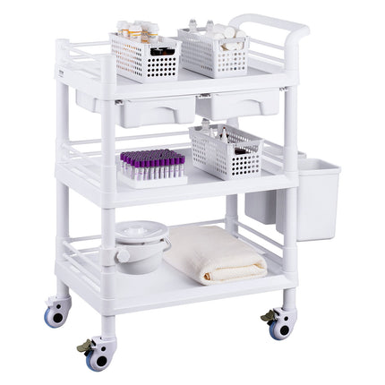 3-Tier Lab Cart, 3 Trays, 3 Trash Cans, Locking Wheels