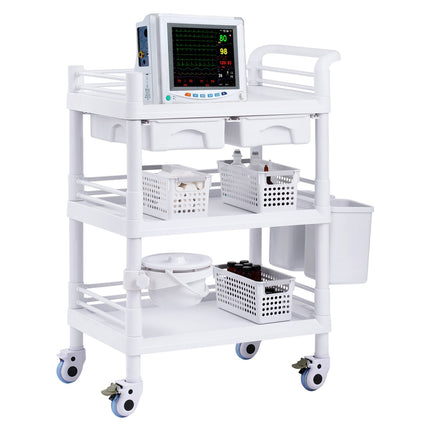 3-Tier Lab Cart, 3 Trays, 3 Trash Cans, Locking Wheels