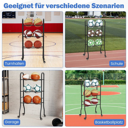 3-stöckiges Basketballregal aus Metall mit Rollen – fasst 6 Bälle