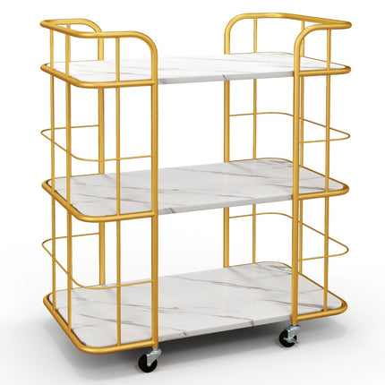 3-Tier Metal Kitchen Serving Cart, Faux Marble Top, Casters