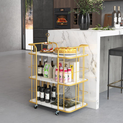 3-Tier Metal Kitchen Serving Cart, Faux Marble Top, Casters