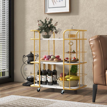 3-Tier Metal Kitchen Serving Cart, Faux Marble Top, Casters