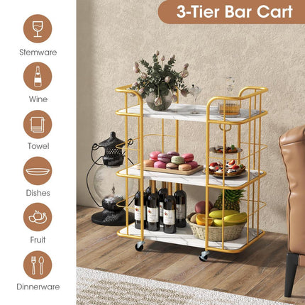 3-Tier Metal Kitchen Serving Cart, Faux Marble Top, Casters