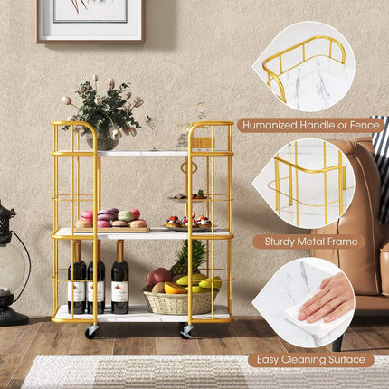 3-Tier Metal Kitchen Serving Cart, Faux Marble Top, Casters
