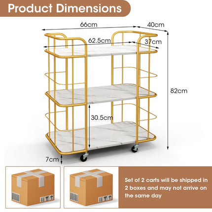 3-Tier Metal Kitchen Serving Cart, Faux Marble Top, Casters