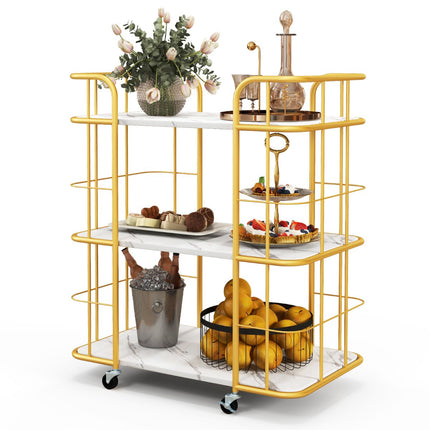 3-Tier Metal Kitchen Serving Cart, Faux Marble Top, Casters