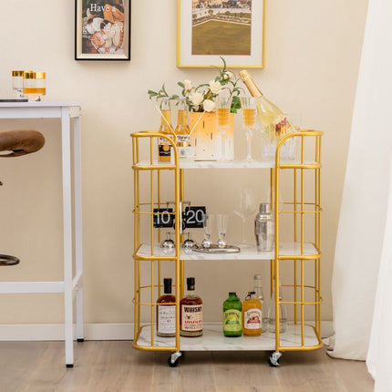 3-Tier Metal Kitchen Serving Cart, Faux Marble Top, Casters