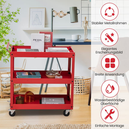 3-Tier Metal Utility Cart with Handle – Red