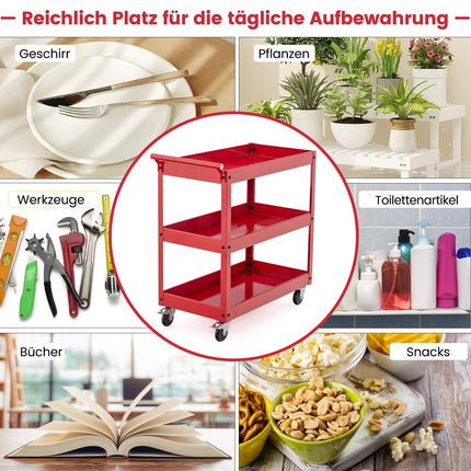 3-Tier Metal Utility Cart with Handle – Red