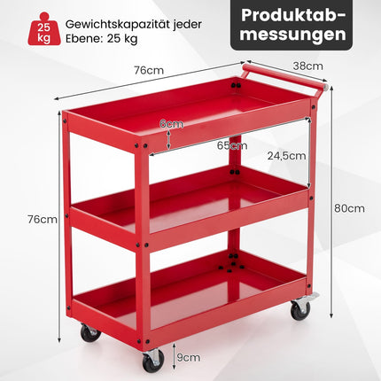 3-Tier Metal Utility Cart with Handle – Red