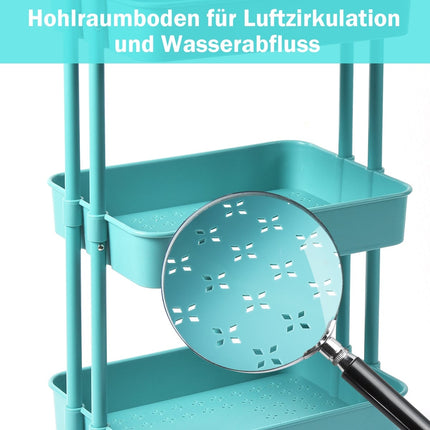Metalen transportkar met 3 etages en wielen, draagvermogen 60 kg, turquoise