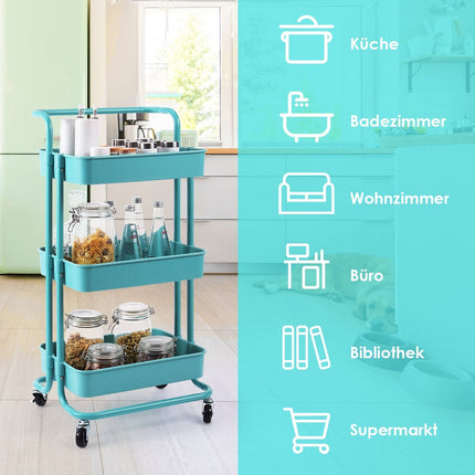 Metalen transportkar met 3 etages en wielen, draagvermogen 60 kg, turquoise