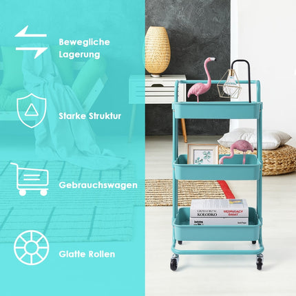 Metalen transportkar met 3 etages en wielen, draagvermogen 60 kg, turquoise
