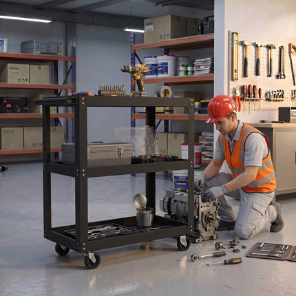 3-Tier Metal Utility Cart with Wheels, Black, 70.5 x 35 x 82.5 cm