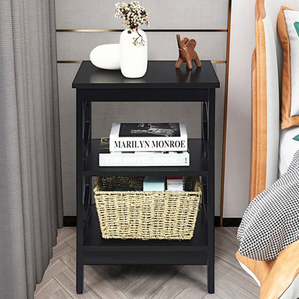 3-Tier Nightstand End Table, Black MDF Storage