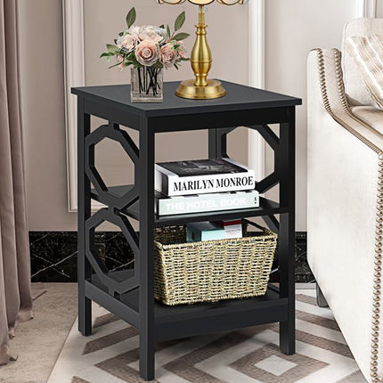 3-Tier Nightstand End Table, Black MDF Storage