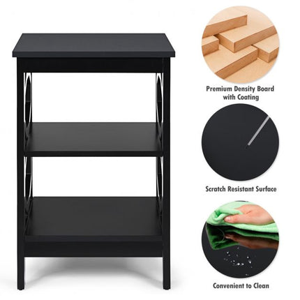 3-Tier Nightstand End Table, Black MDF Storage