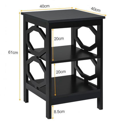3-Tier Nightstand End Table, Black MDF Storage