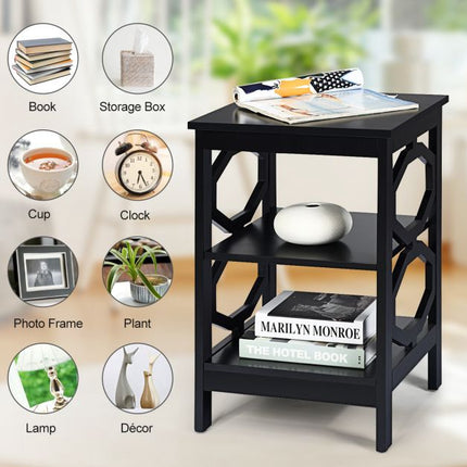 3-Tier Nightstand End Table, Black MDF Storage