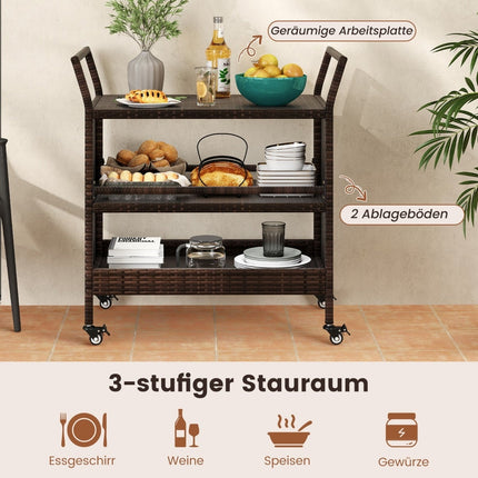 3-stöckiger Outdoor-Servierwagen mit feststellbaren Rollen und Griffen