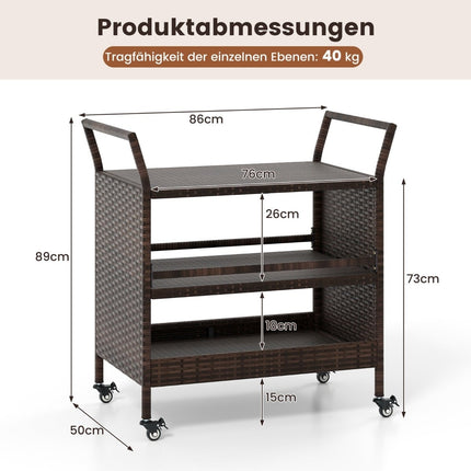3-stöckiger Outdoor-Servierwagen mit feststellbaren Rollen und Griffen