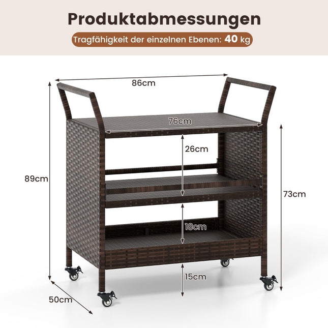 3-stöckiger Outdoor-Servierwagen mit feststellbaren Rollen und Griffen