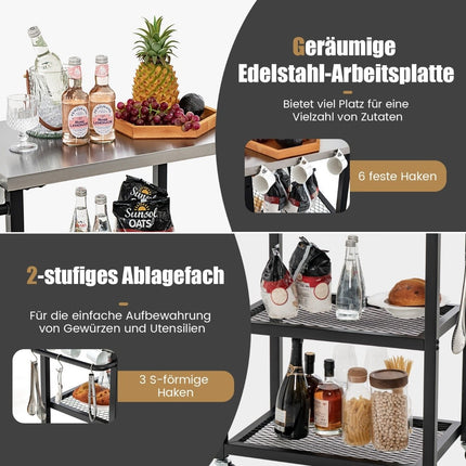 3-stufiger Grillwagen für den Außenbereich mit 3 Haken und Edelstahlplatte und Griff, Mehrzweckwagen