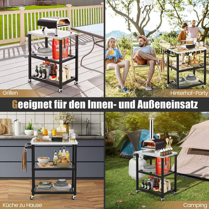 3-stufiger Grillwagen für den Außenbereich mit 3 Haken und Edelstahlplatte und Griff, Mehrzweckwagen