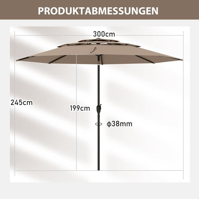 3-stöckiger Terrassenschirm, 300 cm, windbeständig, braun