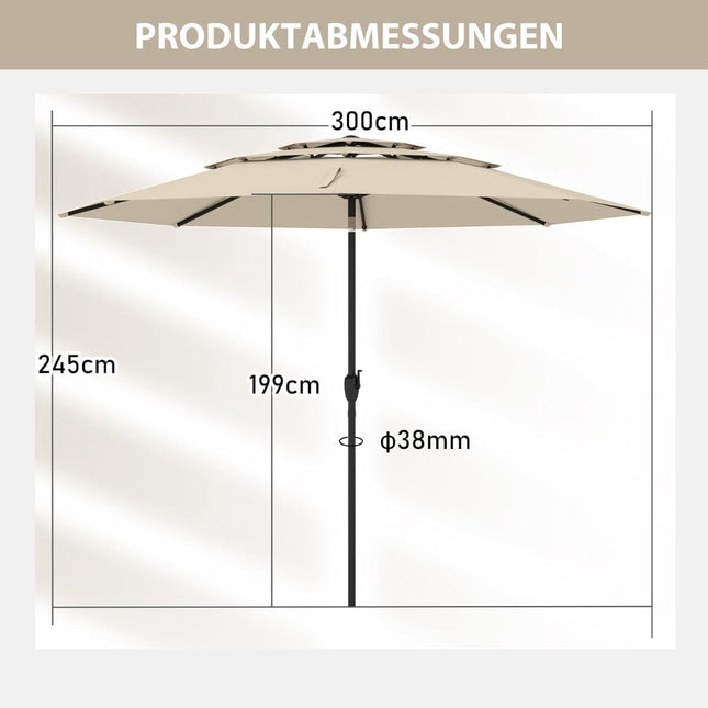3-stufiger Terrassenschirm, Beige, 300 cm, windbeständig