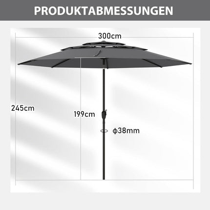 3patrový slunečník, klika, naklápění, 300cm, šedý