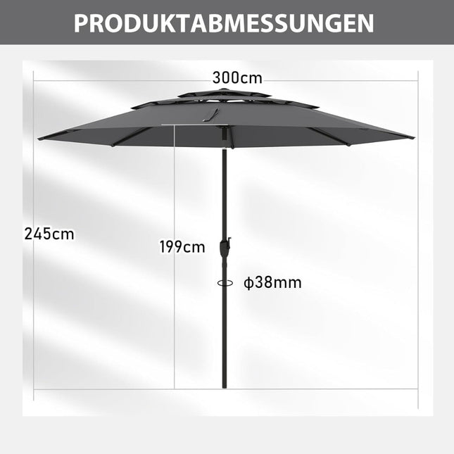 3-Stufiger Terrassenschirm, Kurbel, Neigbar, 300cm, Grau